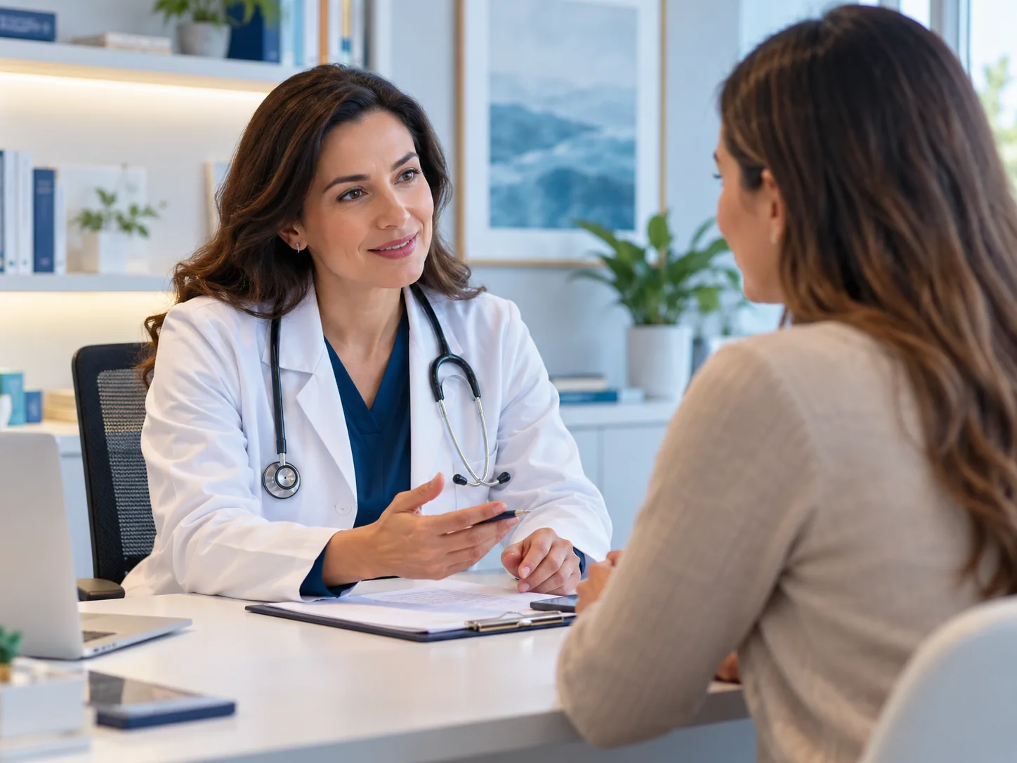 Médica conversando com paciente em consultório