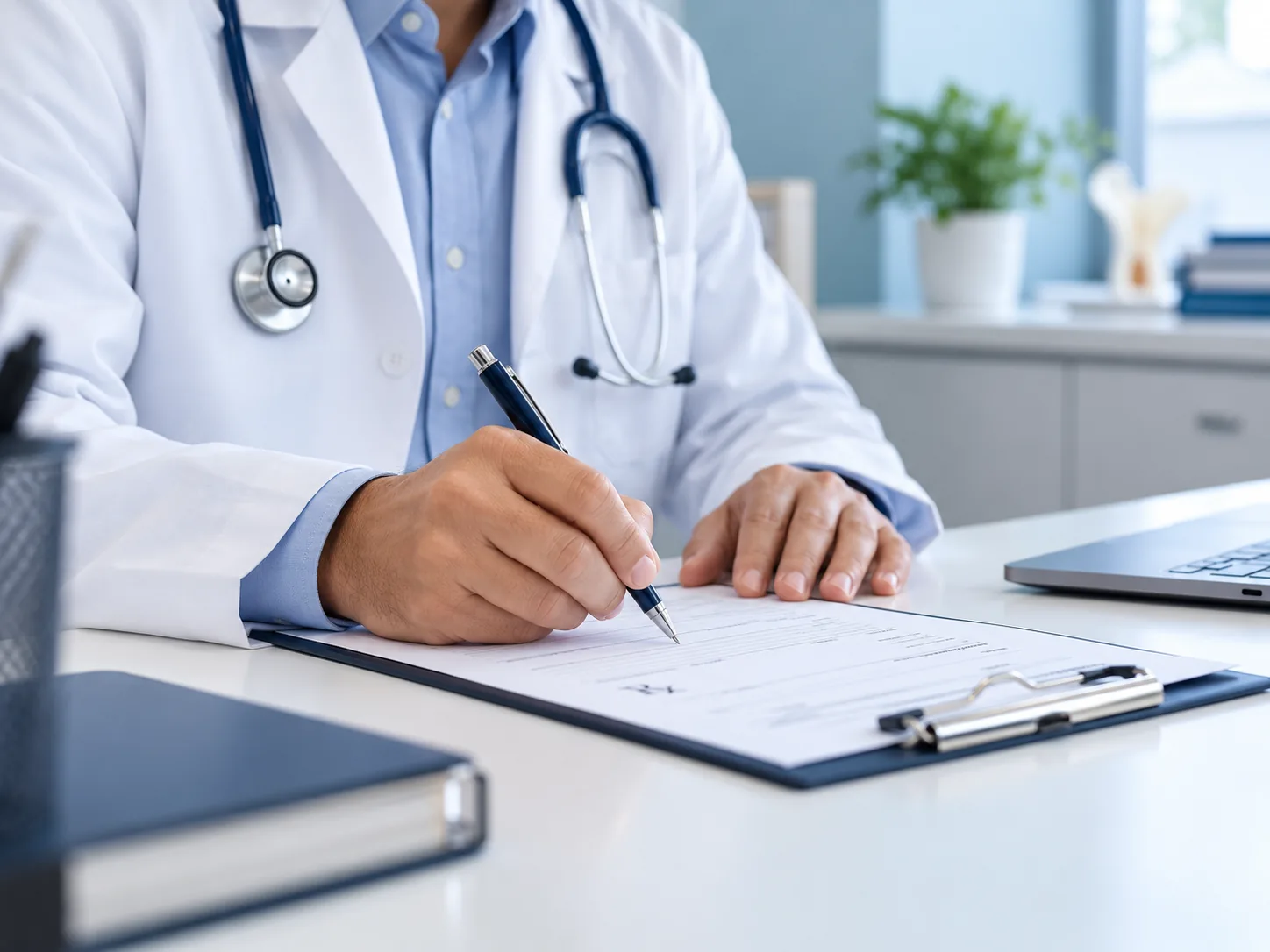 Médico escrevendo em prontuário durante consulta